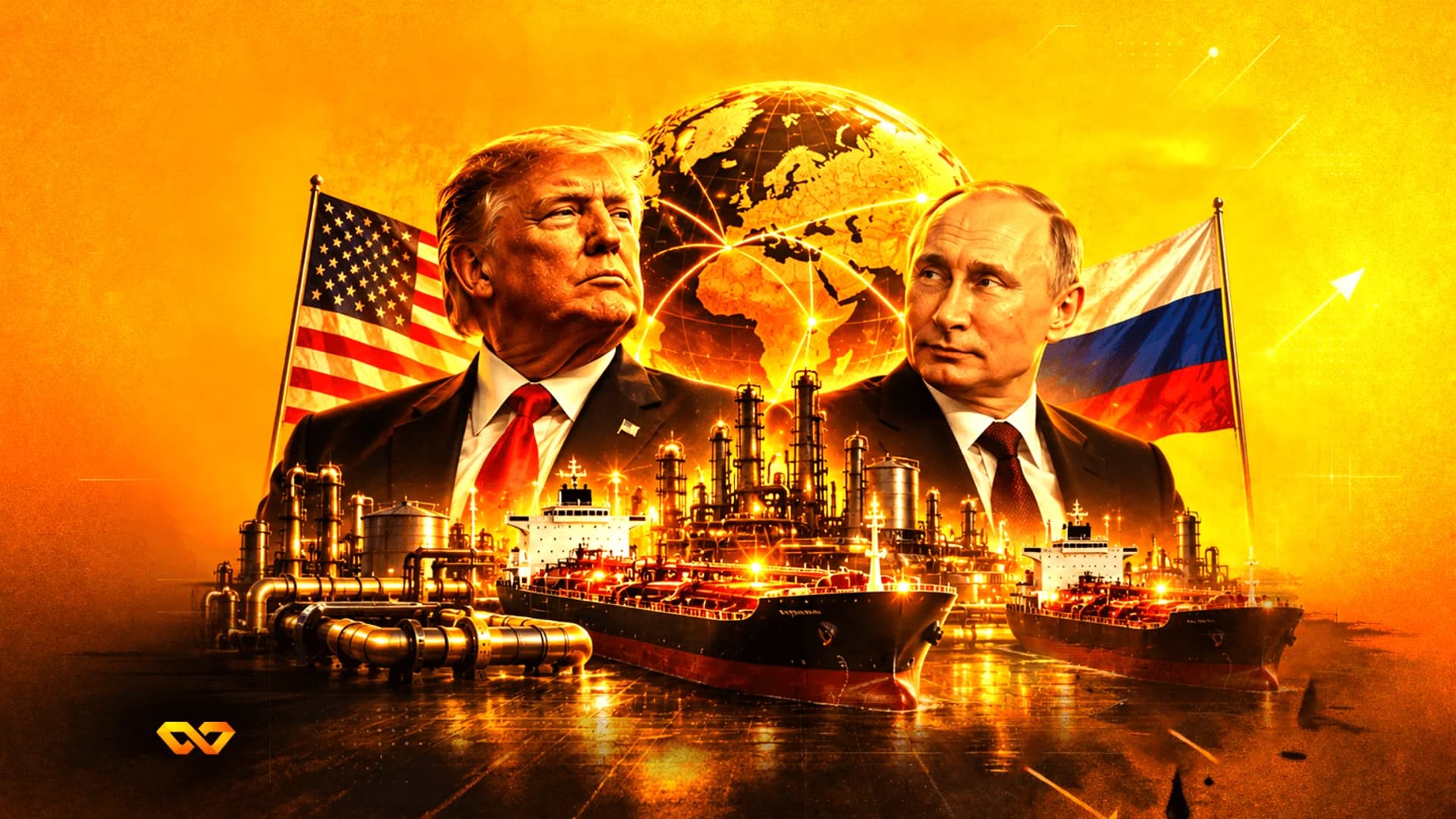 Donald Trump and Vladimir Putin portraits with US and Russian flags, oil refinery, and tankers on an orange background.