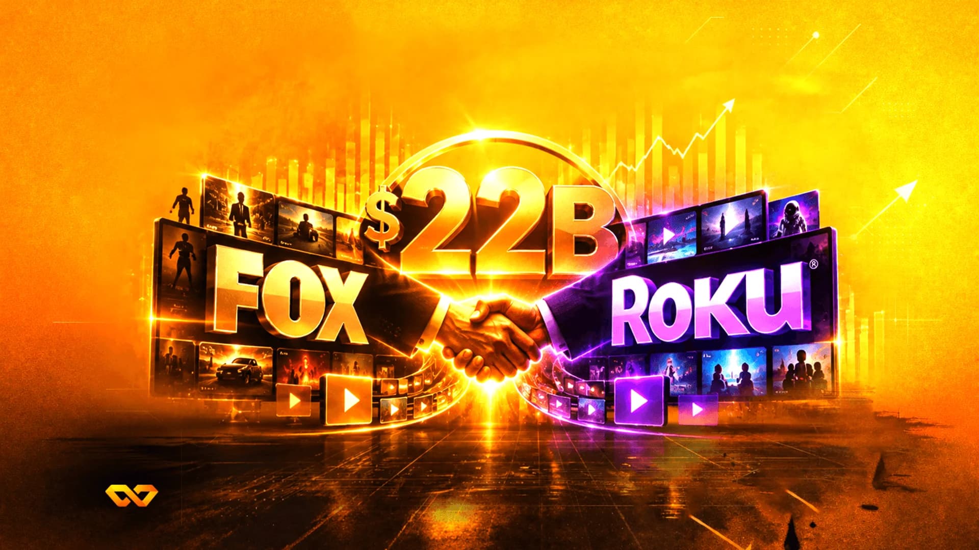 Handshake between Fox and Roku logos over a golden background with $22B text and financial charts.