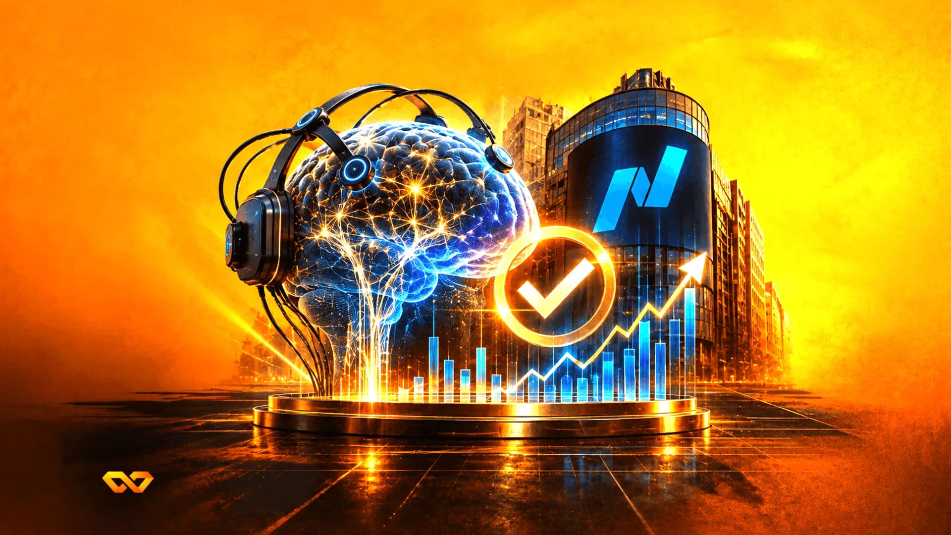 Glowing brain with headphones next to a rising bar chart and a building with the Bittensor logo.