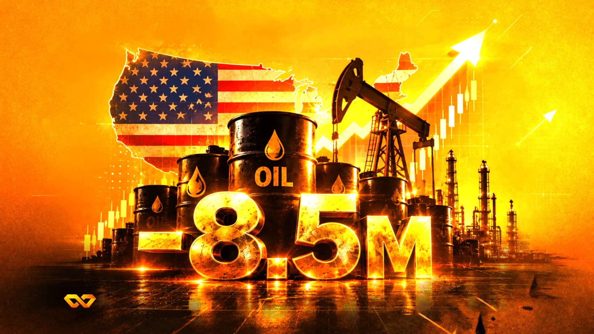 Oil barrels and a pumpjack in front of a US flag map with a rising chart and large golden -8.5M text.