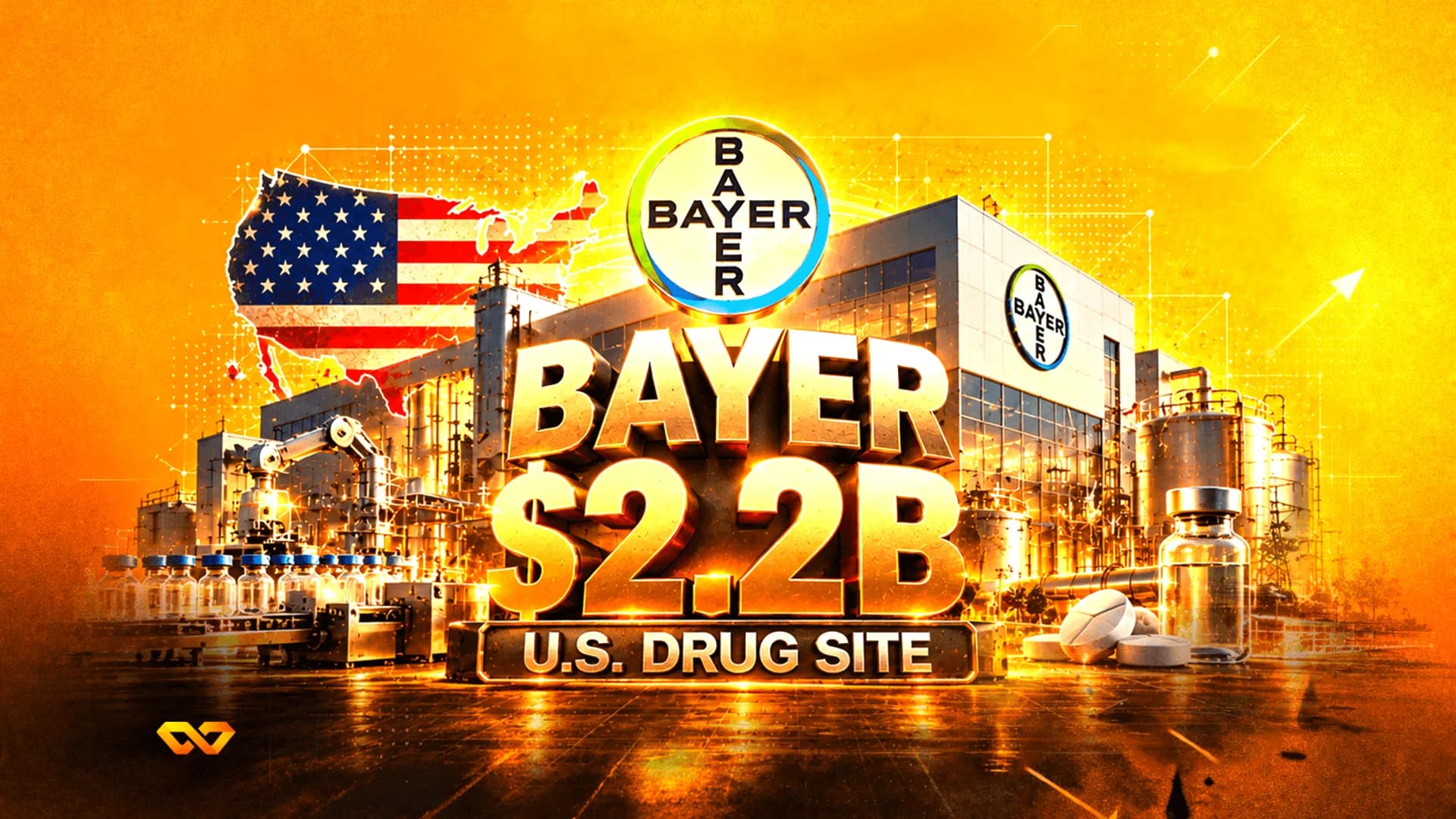 Digital illustration of a Bayer facility with a US flag, pharmaceutical equipment, and text reading $2.2B.