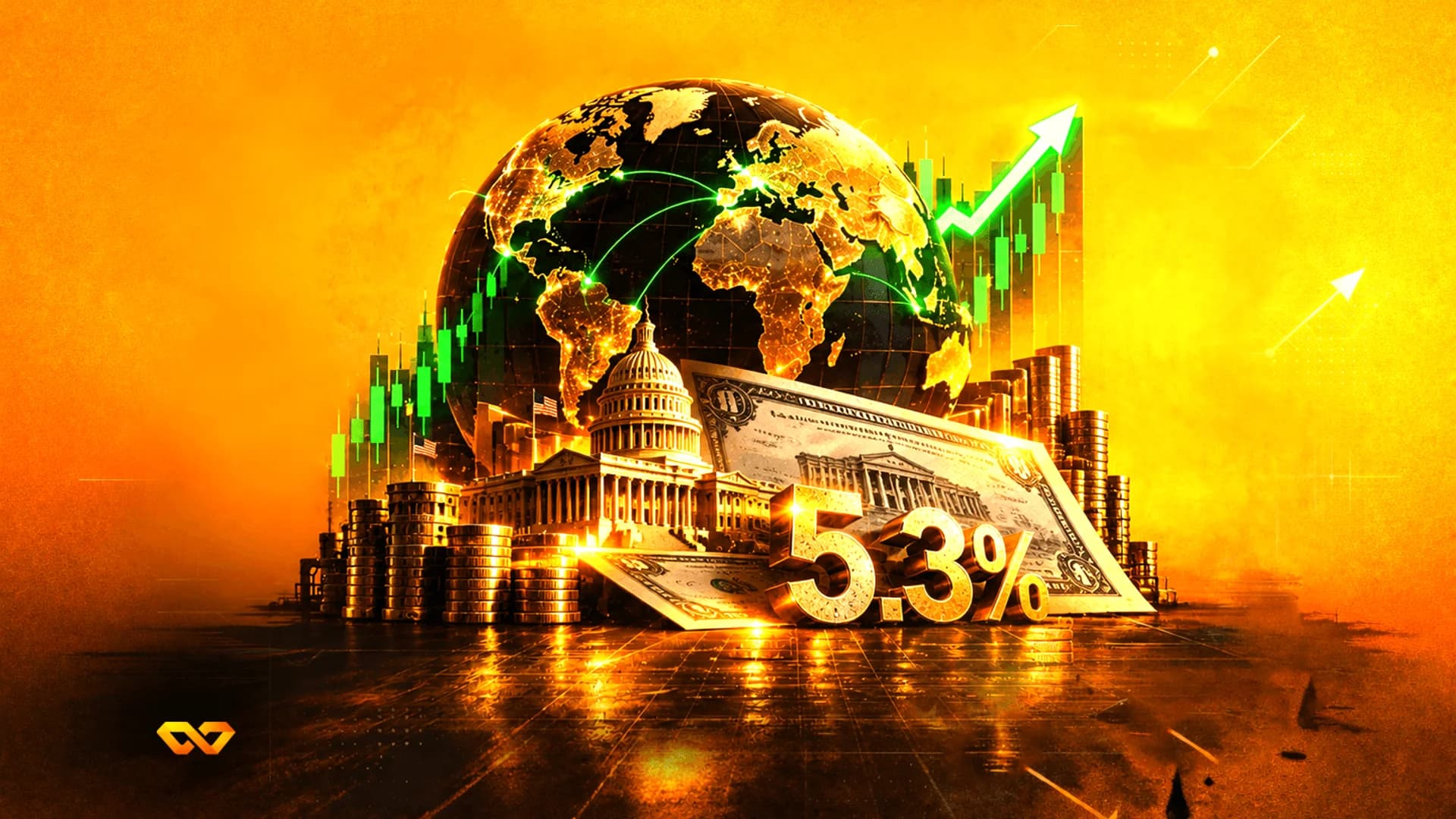 كرة أرضية ذهبية، مبنى الكابيتول الأمريكي، ورقة دولار، وأكوام من العملات المعدنية مع رسم بياني صاعد ونص '5.3%'.