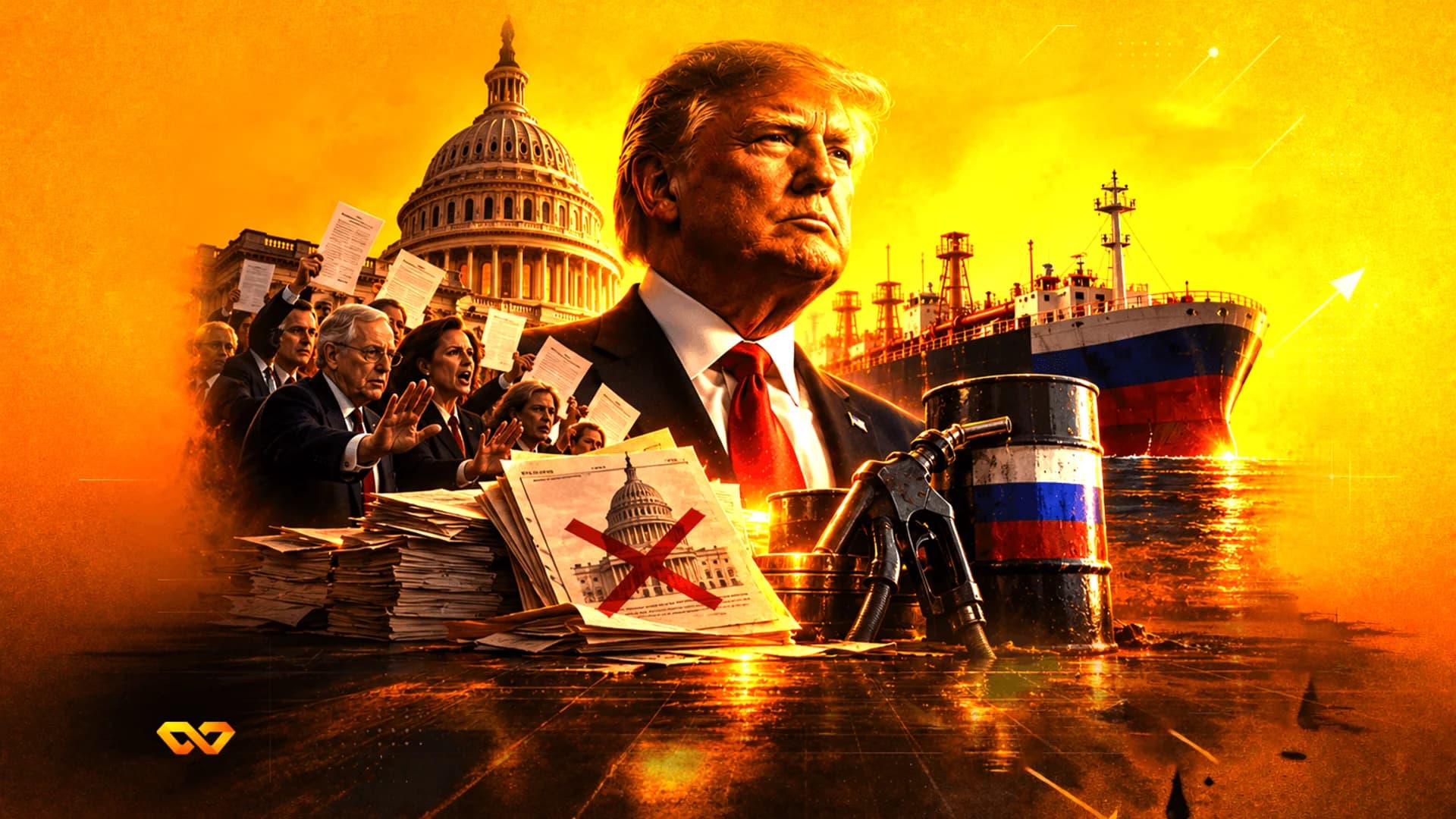Collage of Donald Trump, the US Capitol, a Russian oil tanker, and oil barrels in an orange-toned illustration.