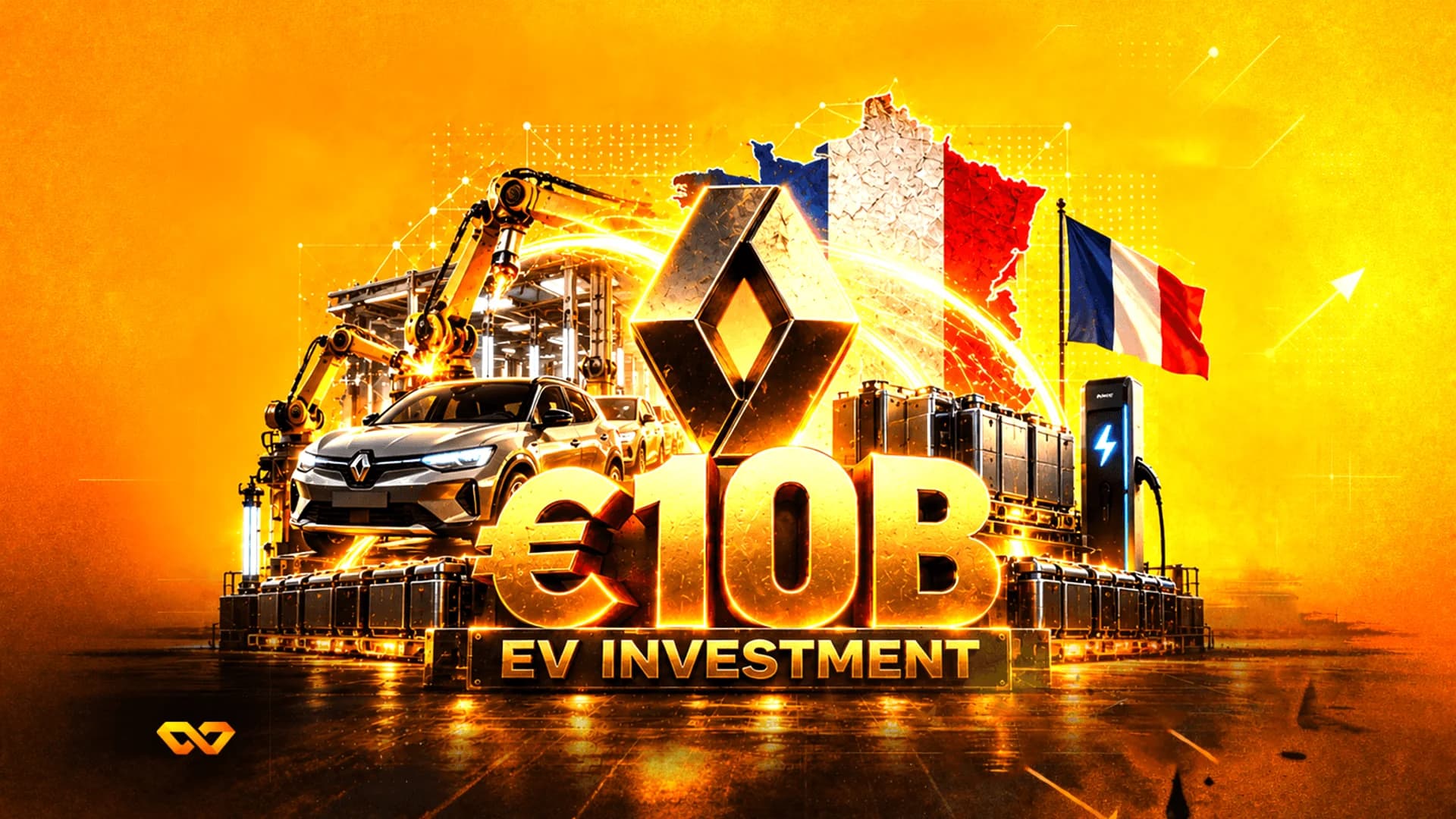 Digital illustration of a Renault car, robotic arms, and a French flag with text reading €10B EV INVESTMENT.