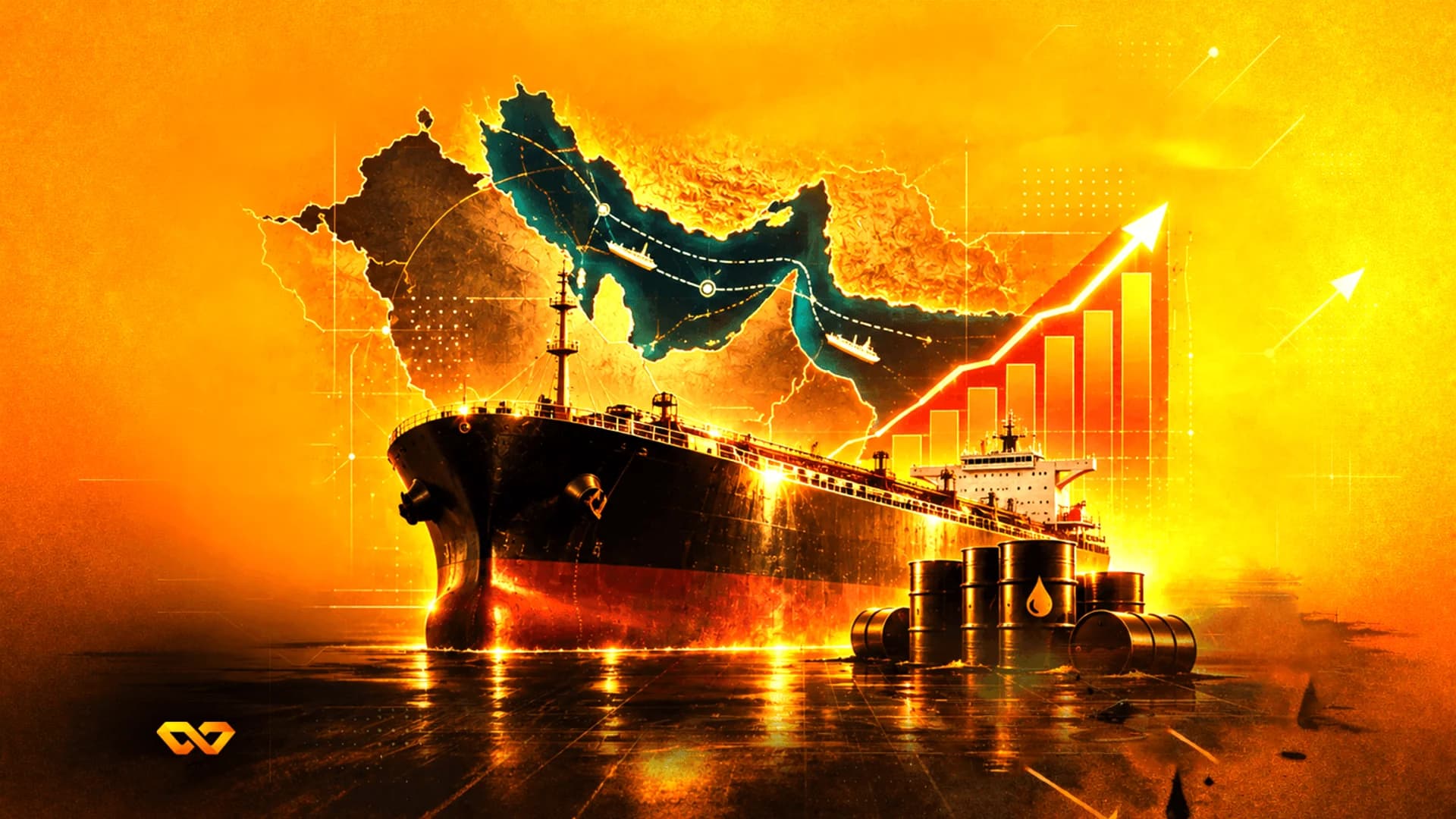 Oil tanker and barrels in front of a Middle East map and a rising bar chart on an orange background.