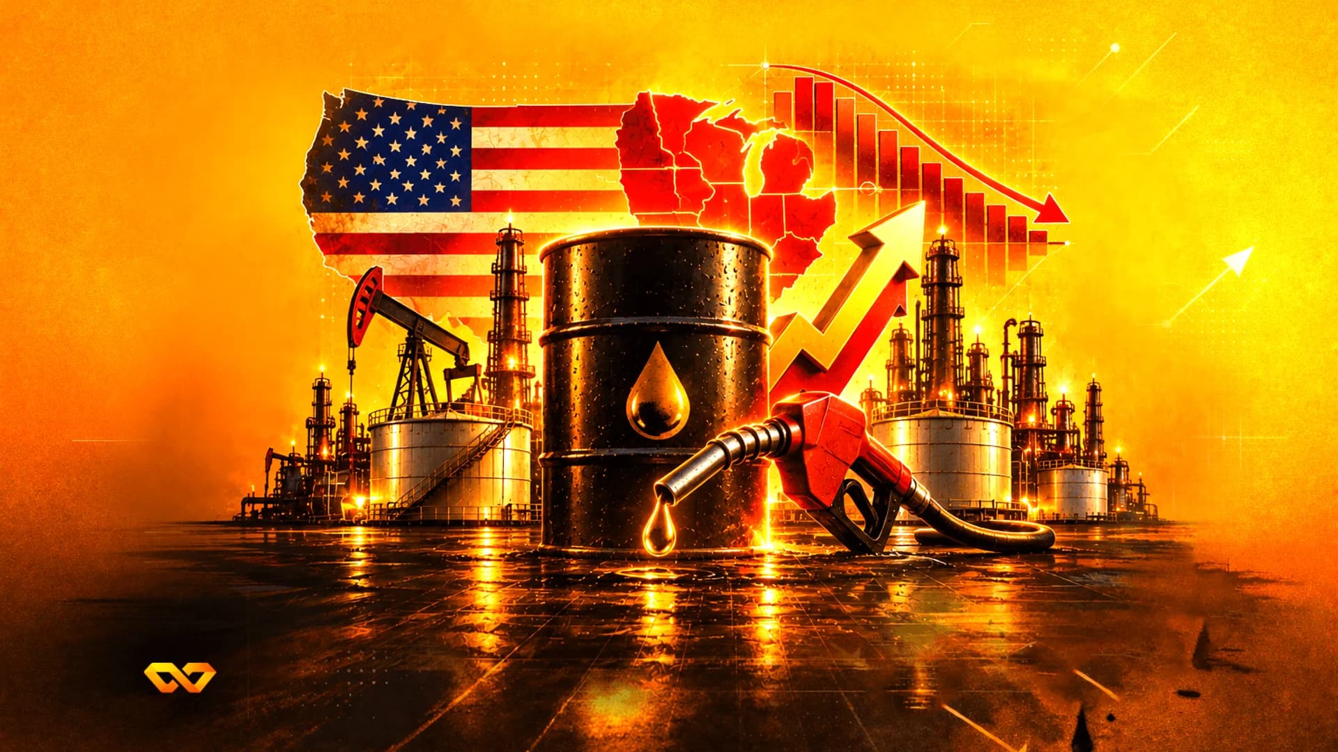 Oil barrel and gas nozzle in front of a US flag map and a declining bar chart on an orange background.