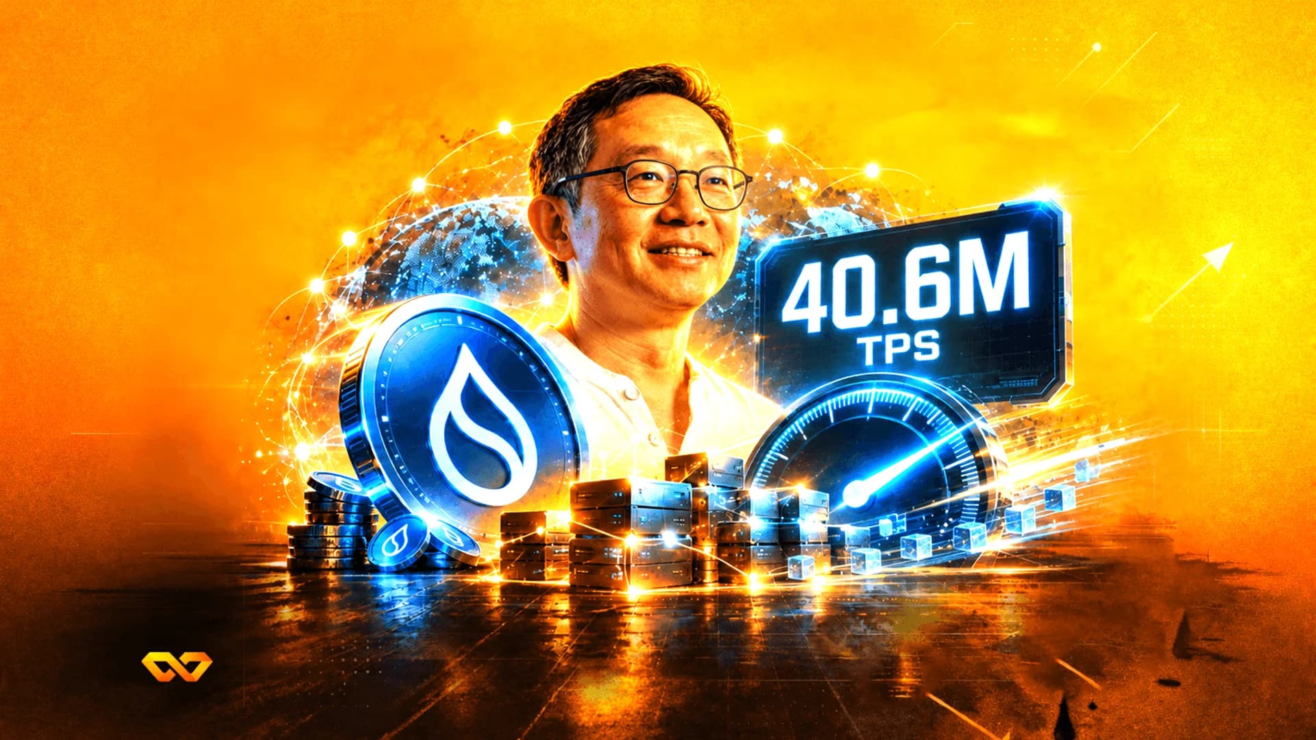Portrait of a man with a Sui coin, a speedometer, and a digital display showing 40.6M TPS on an orange background.