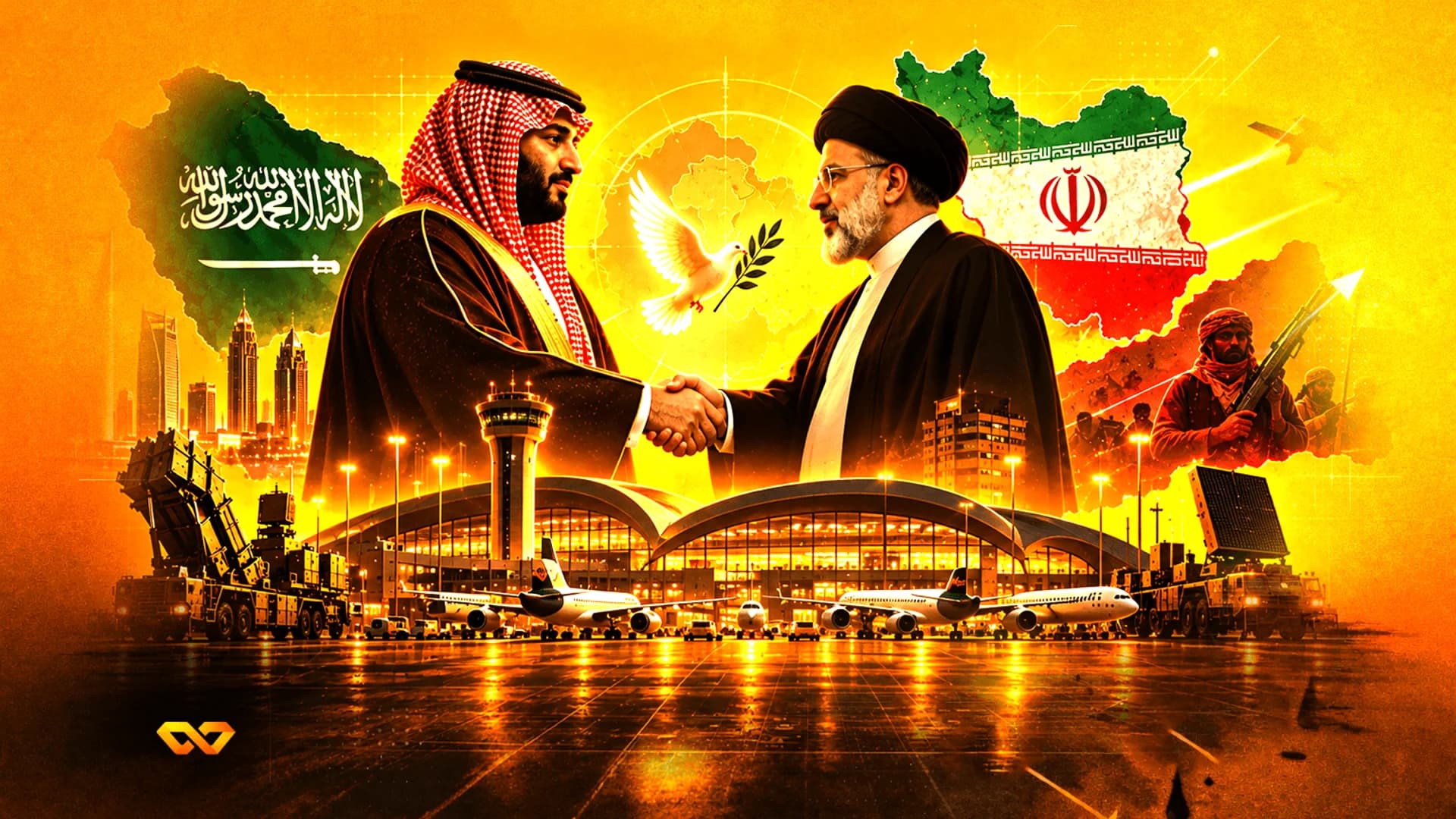 Saudi and Iranian leaders shaking hands over an airport with national flags, maps, and military equipment.