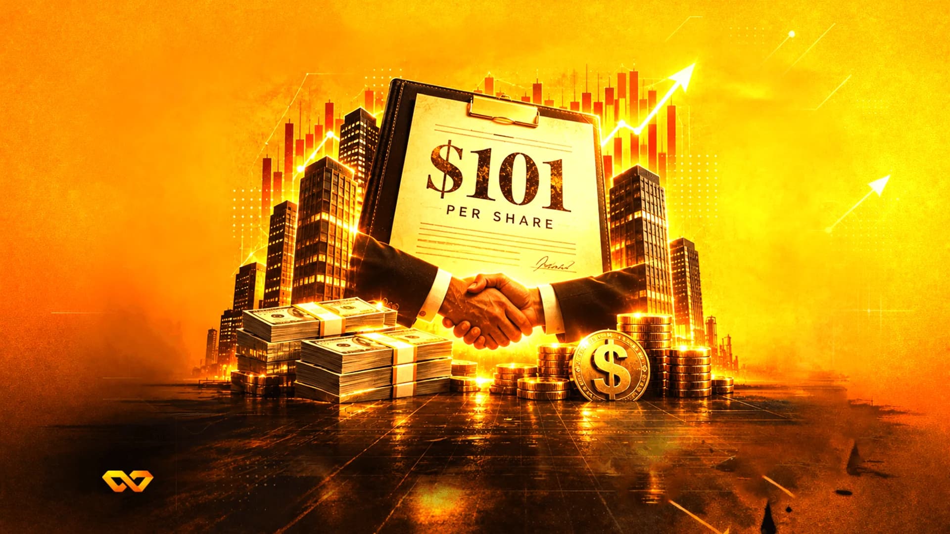 Handshake below a clipboard reading $101 per share, surrounded by cash, coins, and a rising financial chart.