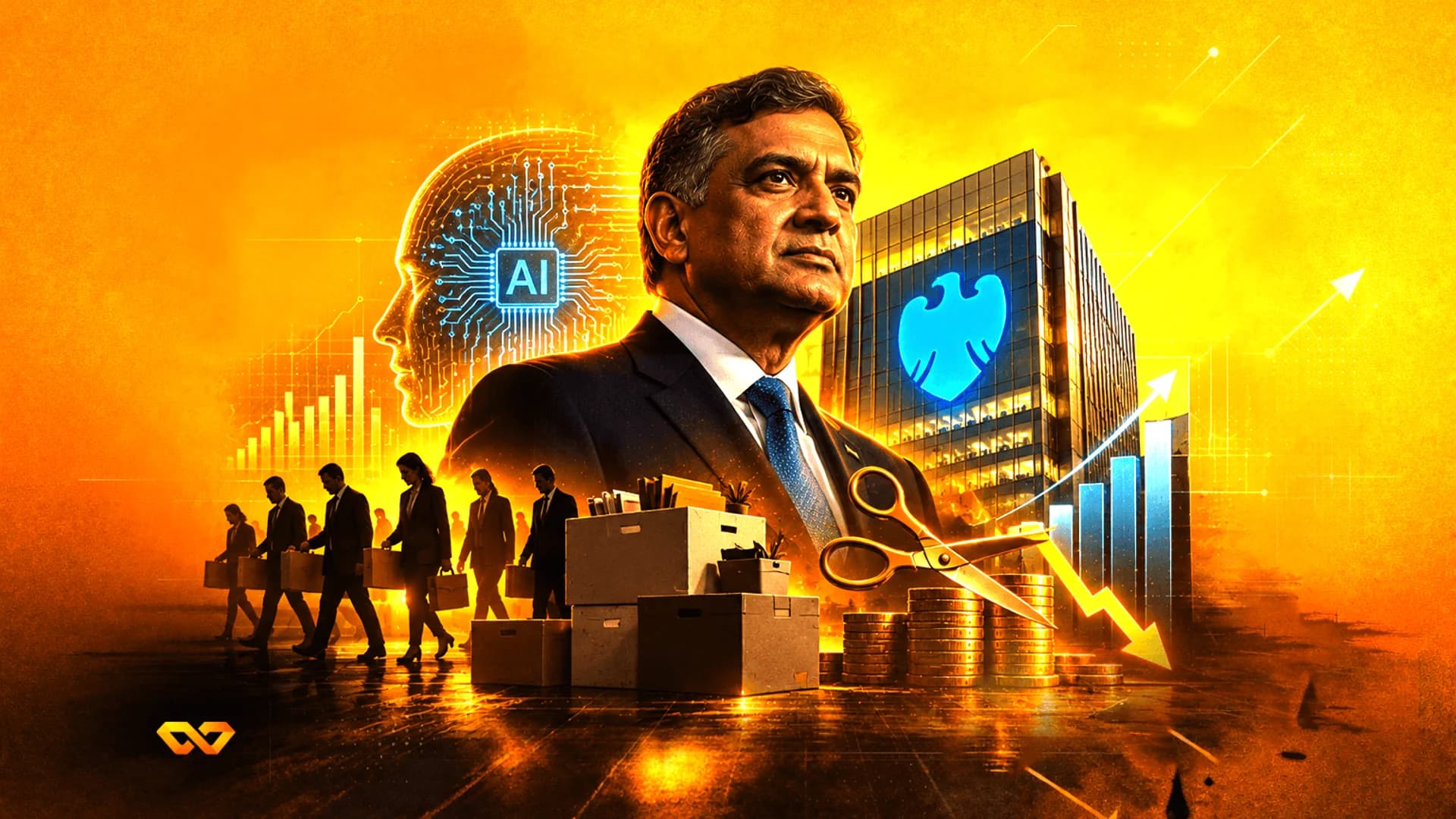 Collage with a man's portrait, Barclays logo, AI silhouette, people carrying boxes, and financial charts.