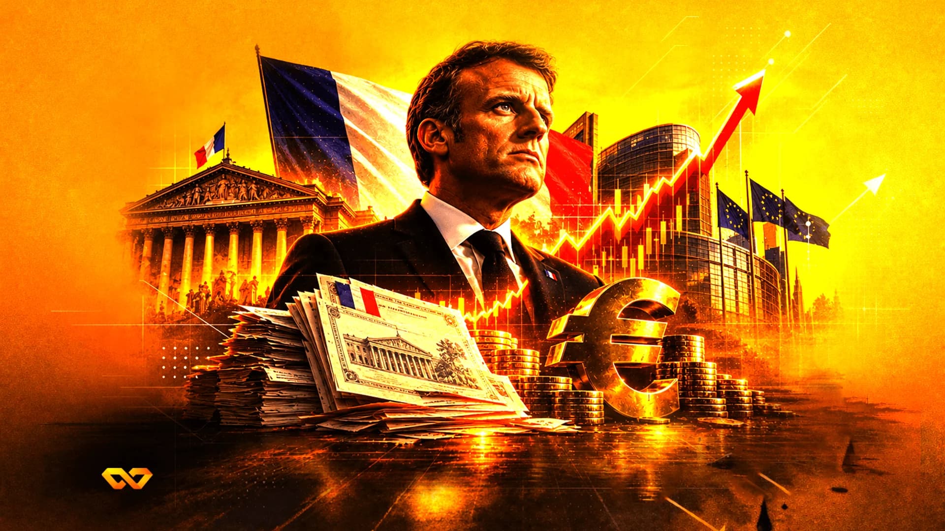 Portrait of Emmanuel Macron with the French flag, Palais Bourbon, gold euro symbol, and a rising red line chart.