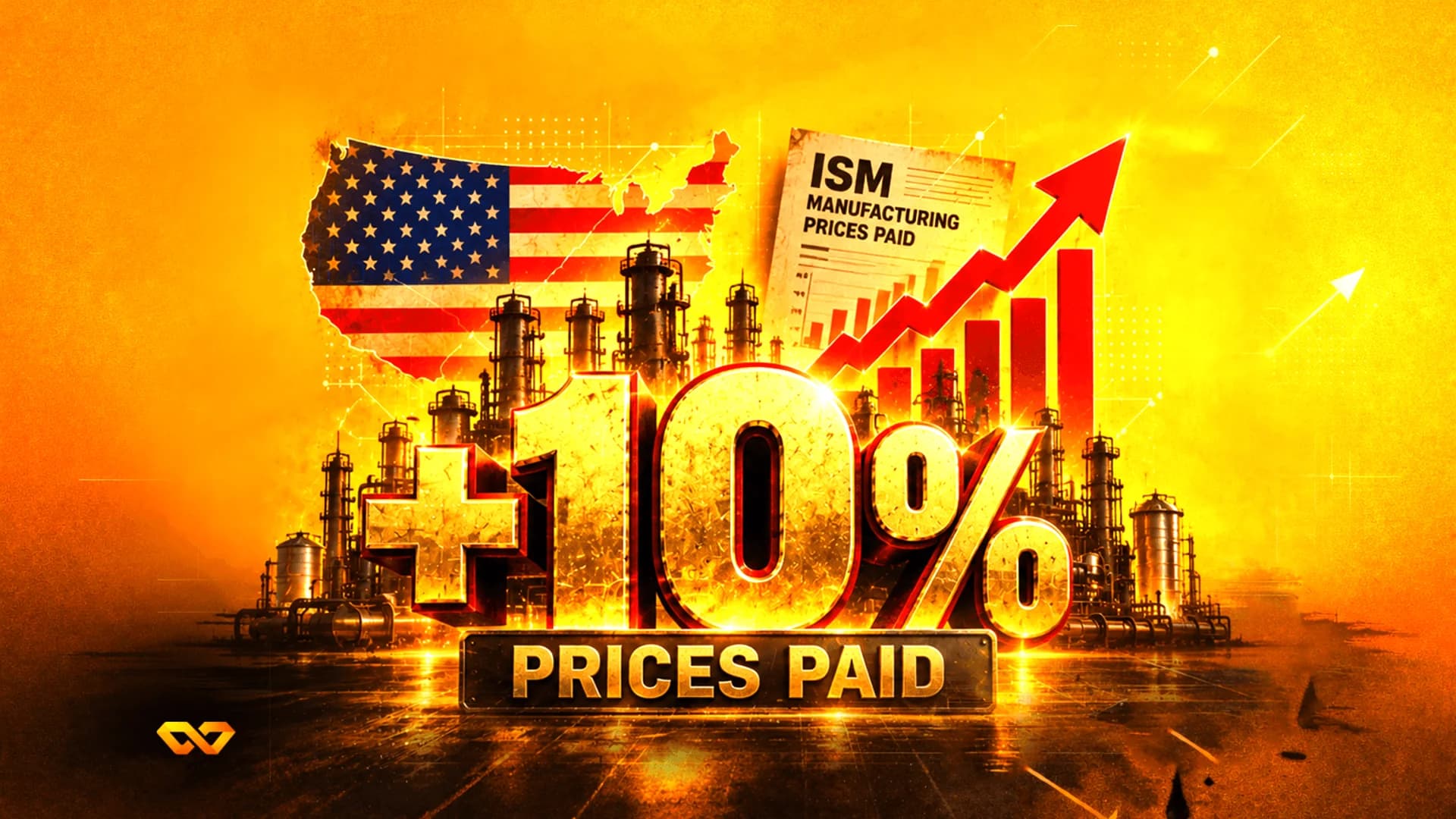 نص ذهبي +10% فوق خلفية لمصفاة صناعية مع خريطة علم الولايات المتحدة ورسم بياني بسهم أحمر صاعد.