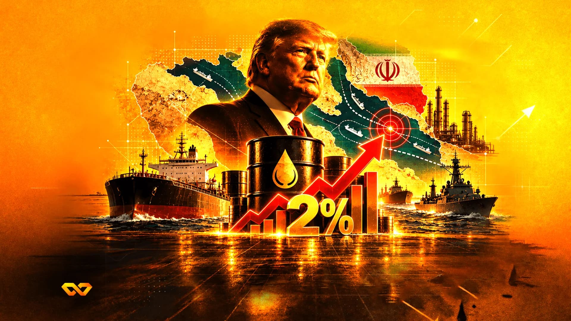 Donald Trump portrait with oil barrels, a 2% growth arrow, and naval ships over a map of Iran.