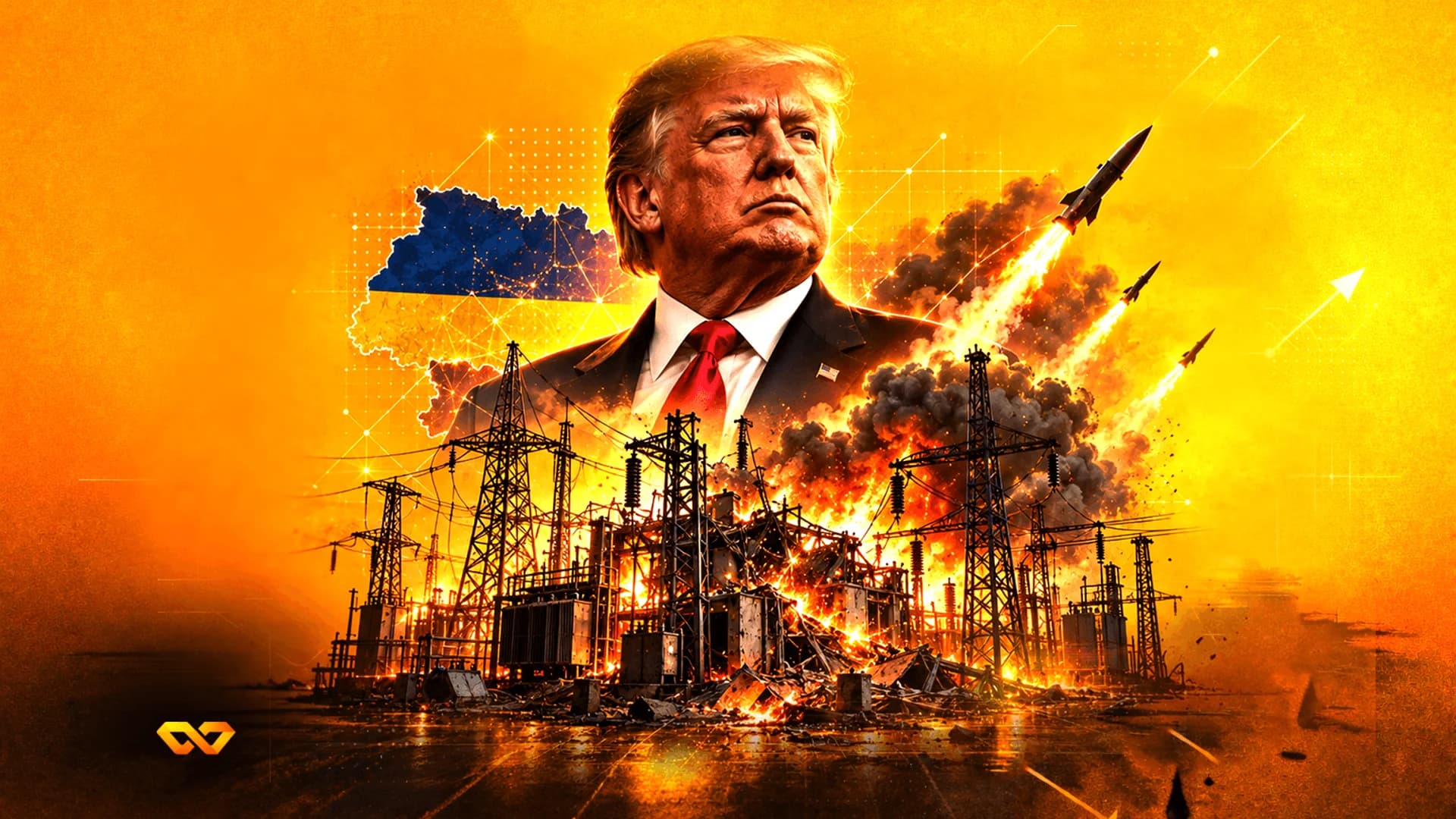 Portrait of Donald Trump above a burning power station and missiles with a map of Ukraine.