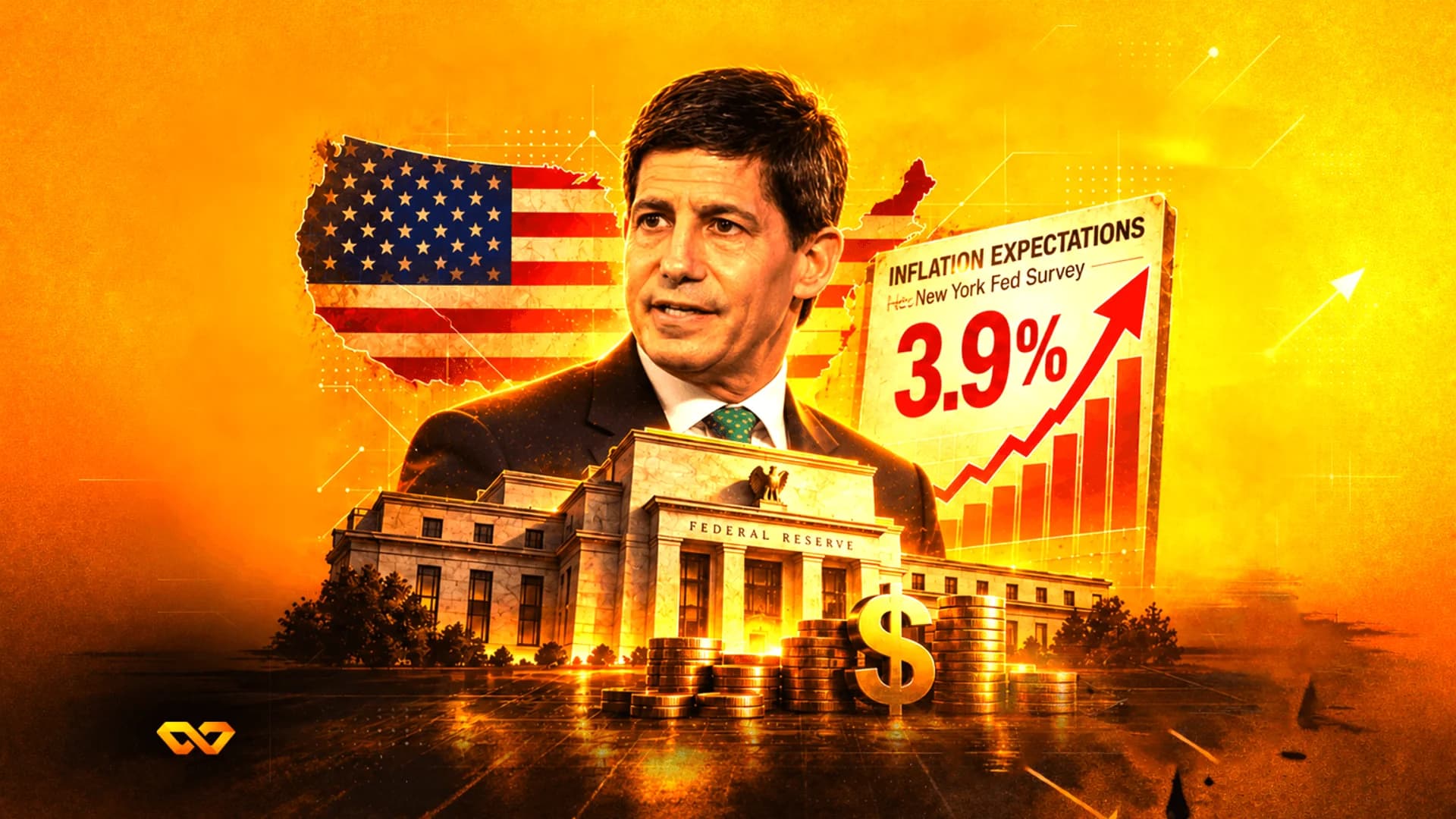 Collage of a man, the Federal Reserve building, a US flag map, and a chart showing 3.9% inflation expectations.