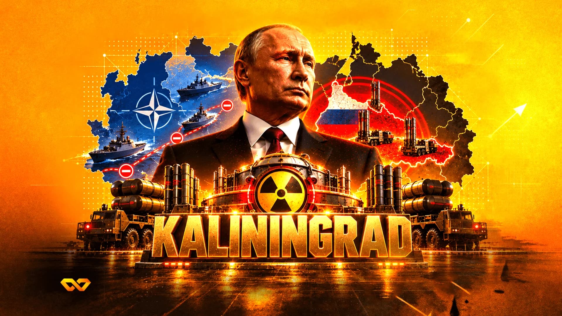 Portrait of Vladimir Putin over a map of Kaliningrad with warships, missile launchers, and a nuclear symbol.
