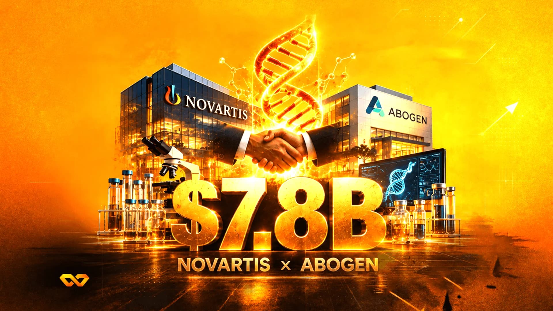 Handshake between Novartis and Abogen buildings with a DNA helix, lab equipment, and large $7.8B gold text.