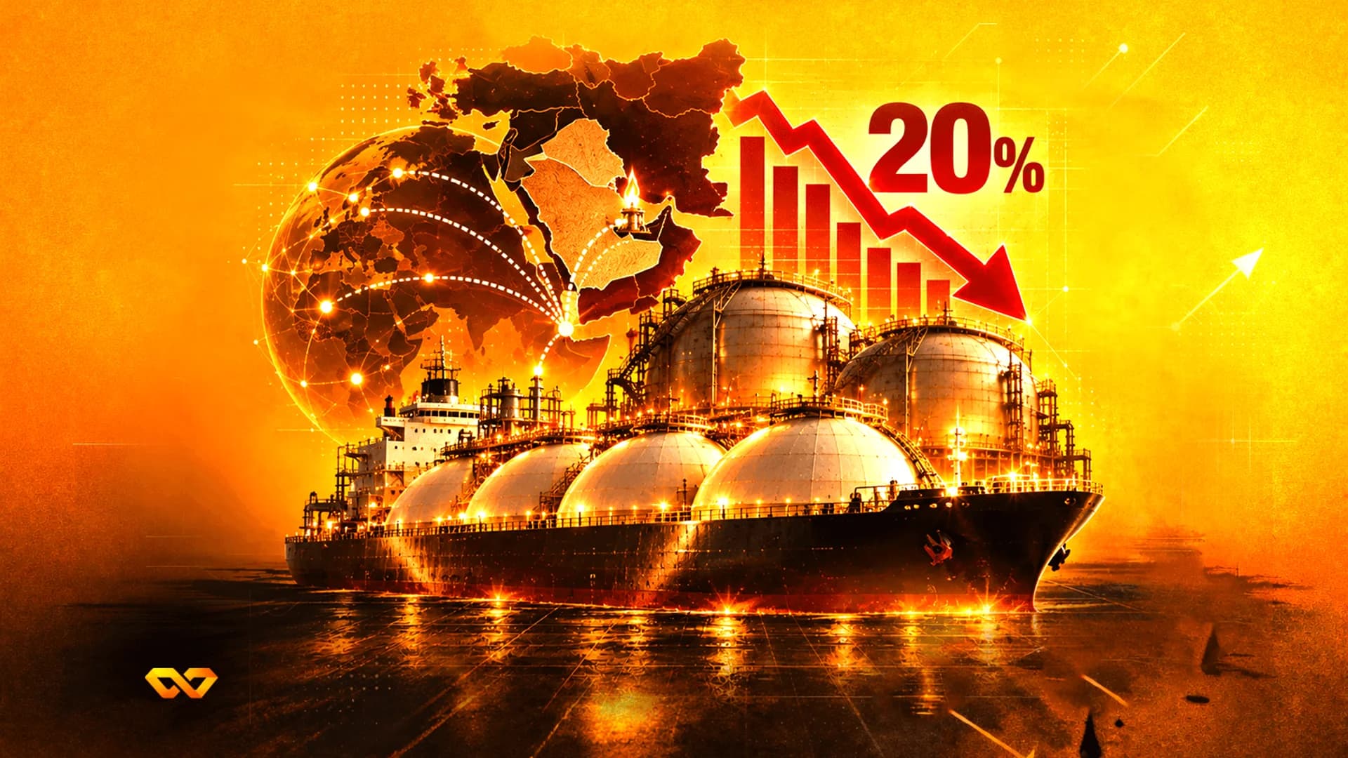 LNG tanker ship in front of a Middle East map and a red downward arrow with 20% text.
