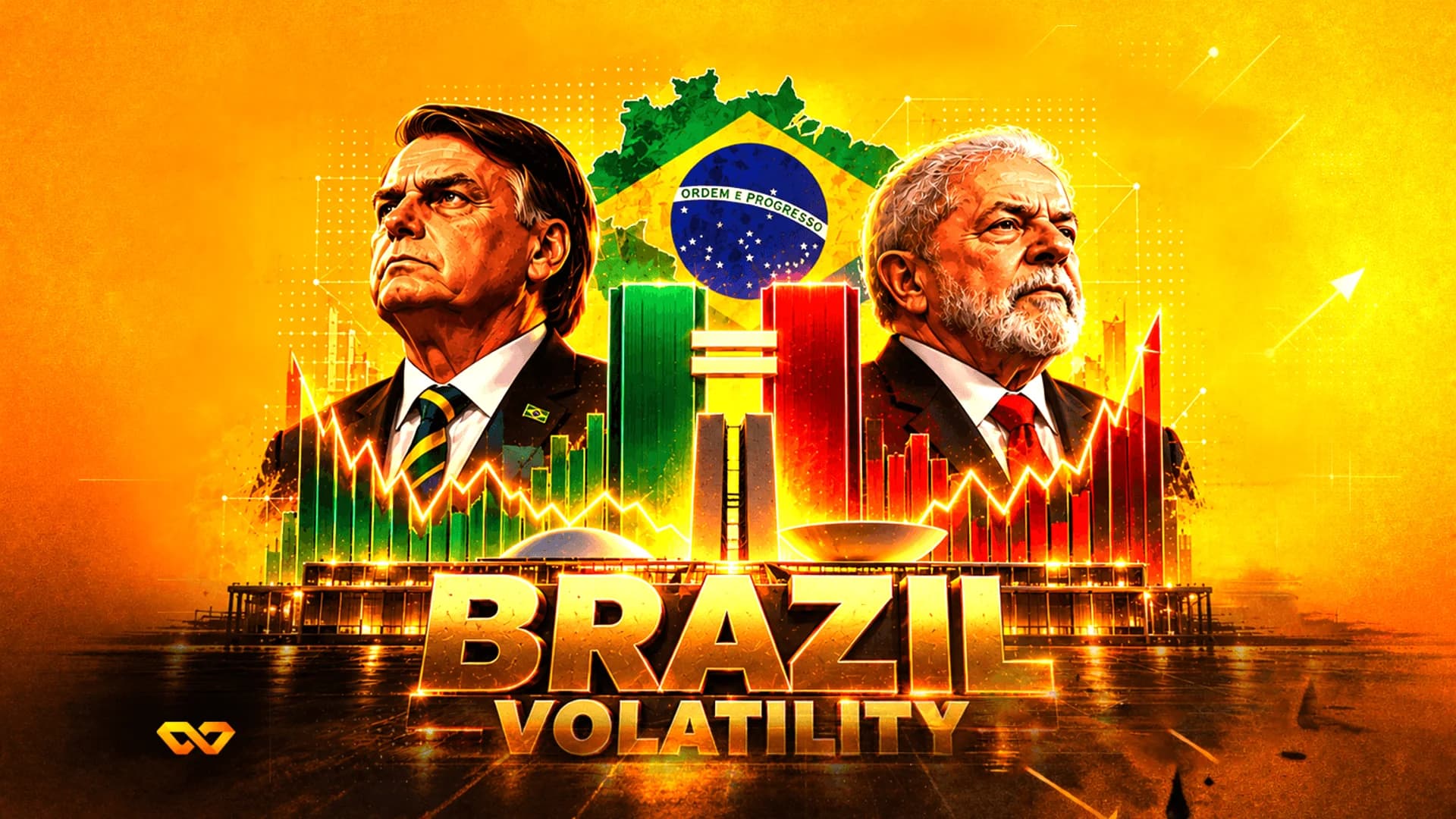 Portraits of Jair Bolsonaro and Lula da Silva flanking the Brazilian flag and a stock market chart.