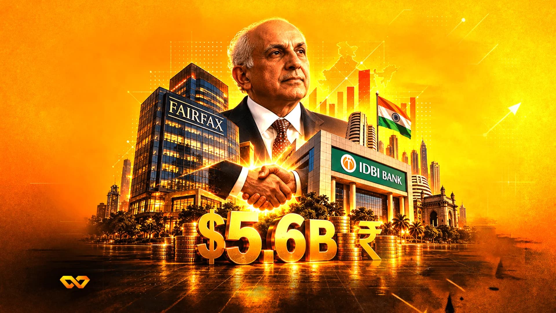 Portrait of a man over a cityscape with Fairfax and IDBI Bank buildings, a handshake, and large $5.6B gold text.