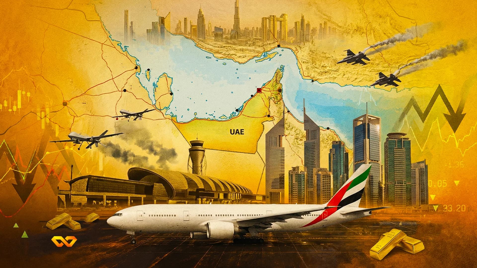 Horizonte de Dubái con banderas de Emiratos e Irán que simbolizan relaciones regionales