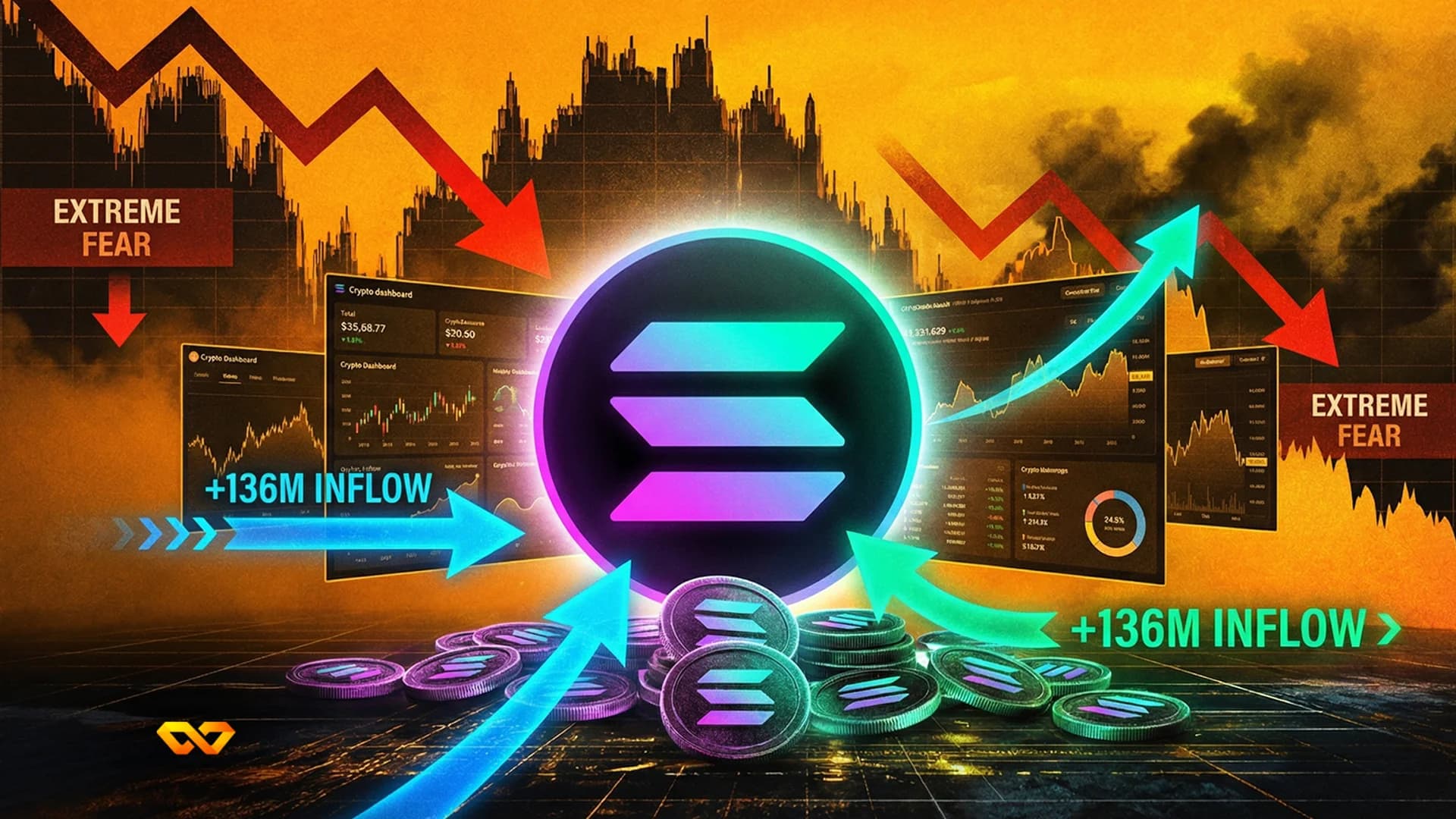 رموز سولانا الرقمية مع شعار SOL وخلفية تقنية