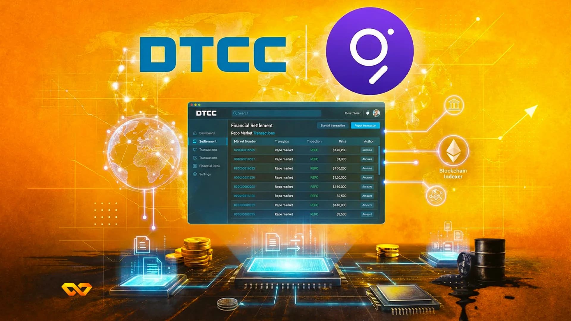 شعار DTCC على واجهة رقمية مع رموز عملات مشفرة ورسوم بيانية مالية