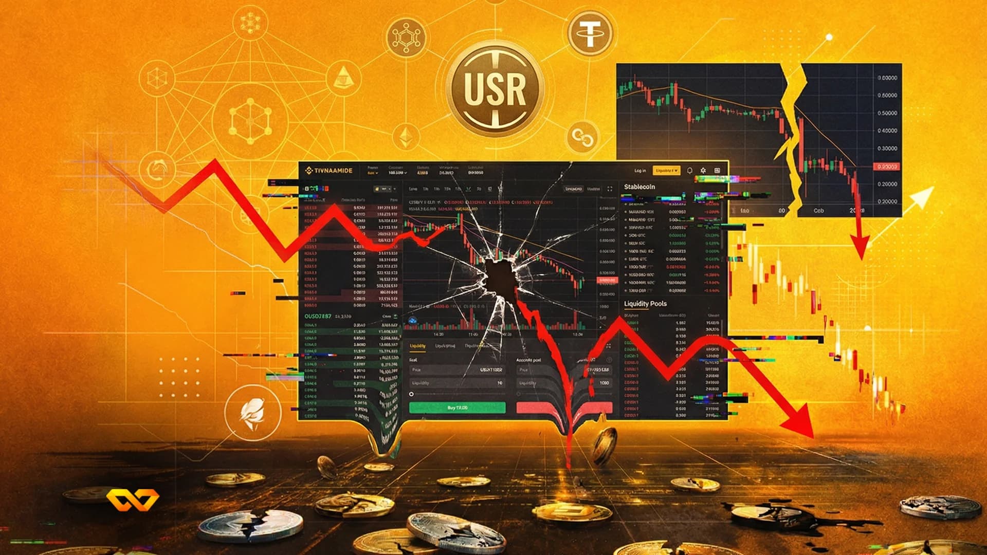 Bitcoin and Ethereum coins in front of a trading screen with crypto price charts