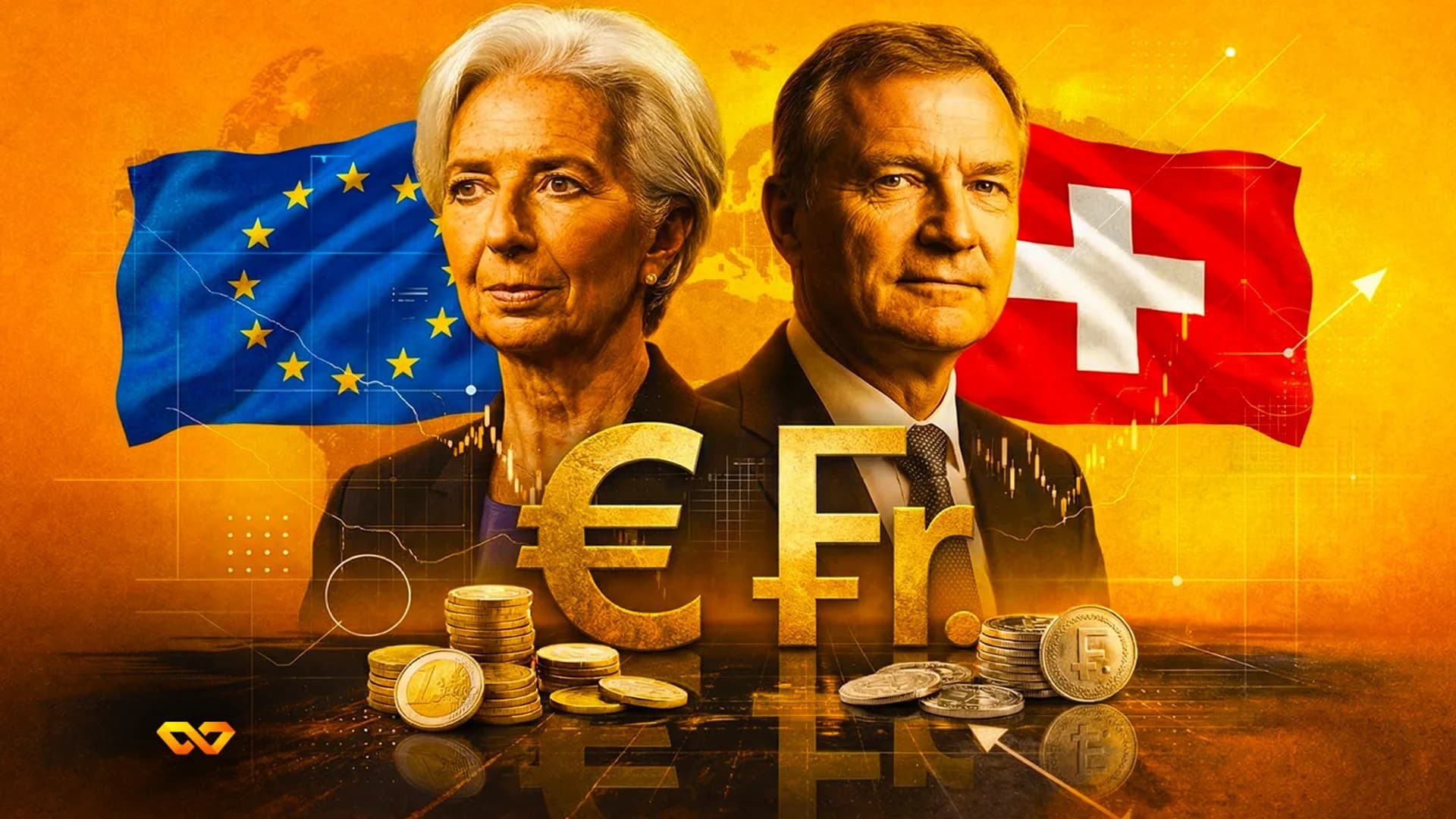 Billetes de euro y franco suizo con símbolos monetarios sobre fondo de mercado forex