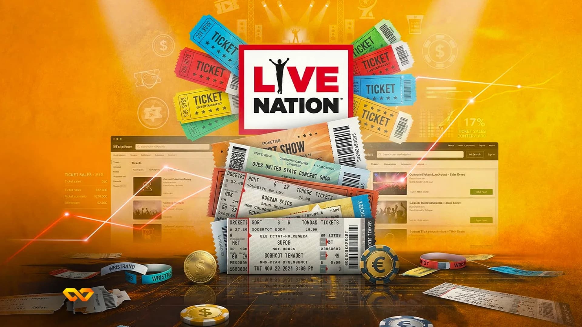 Live Nation logo on a building facade or screen in a stock-related image
