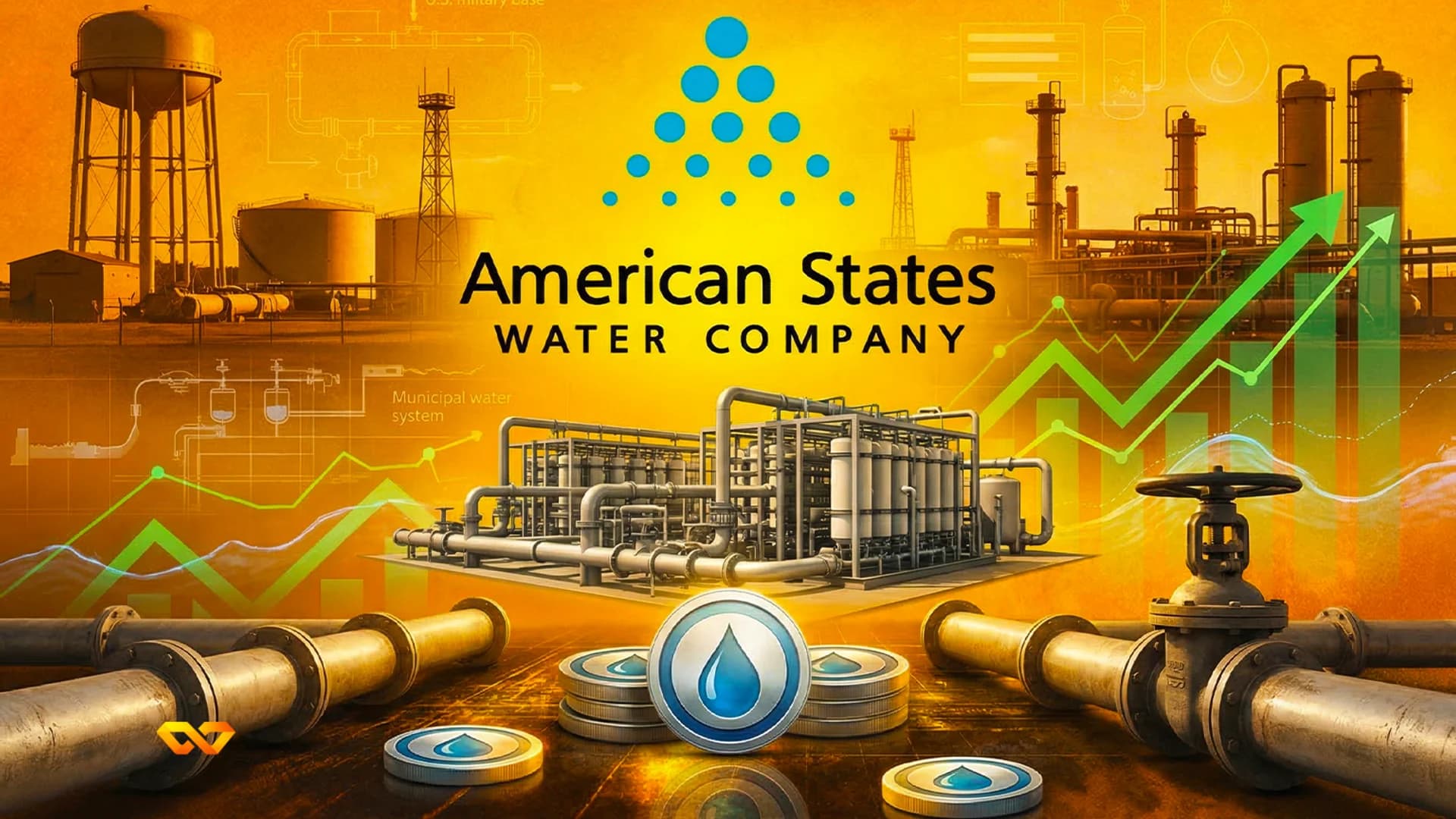 American States Water logo on a utility company building with water tanks or pipes in the background