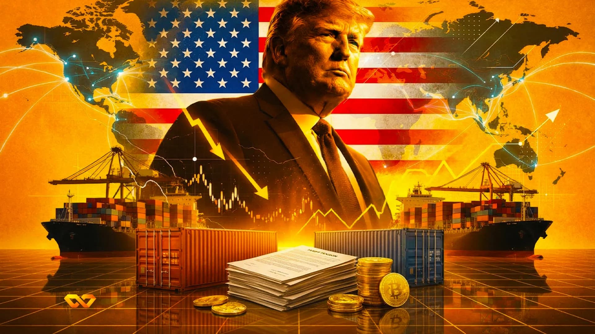 Donald Trump speaking in front of U.S. flags at a political event