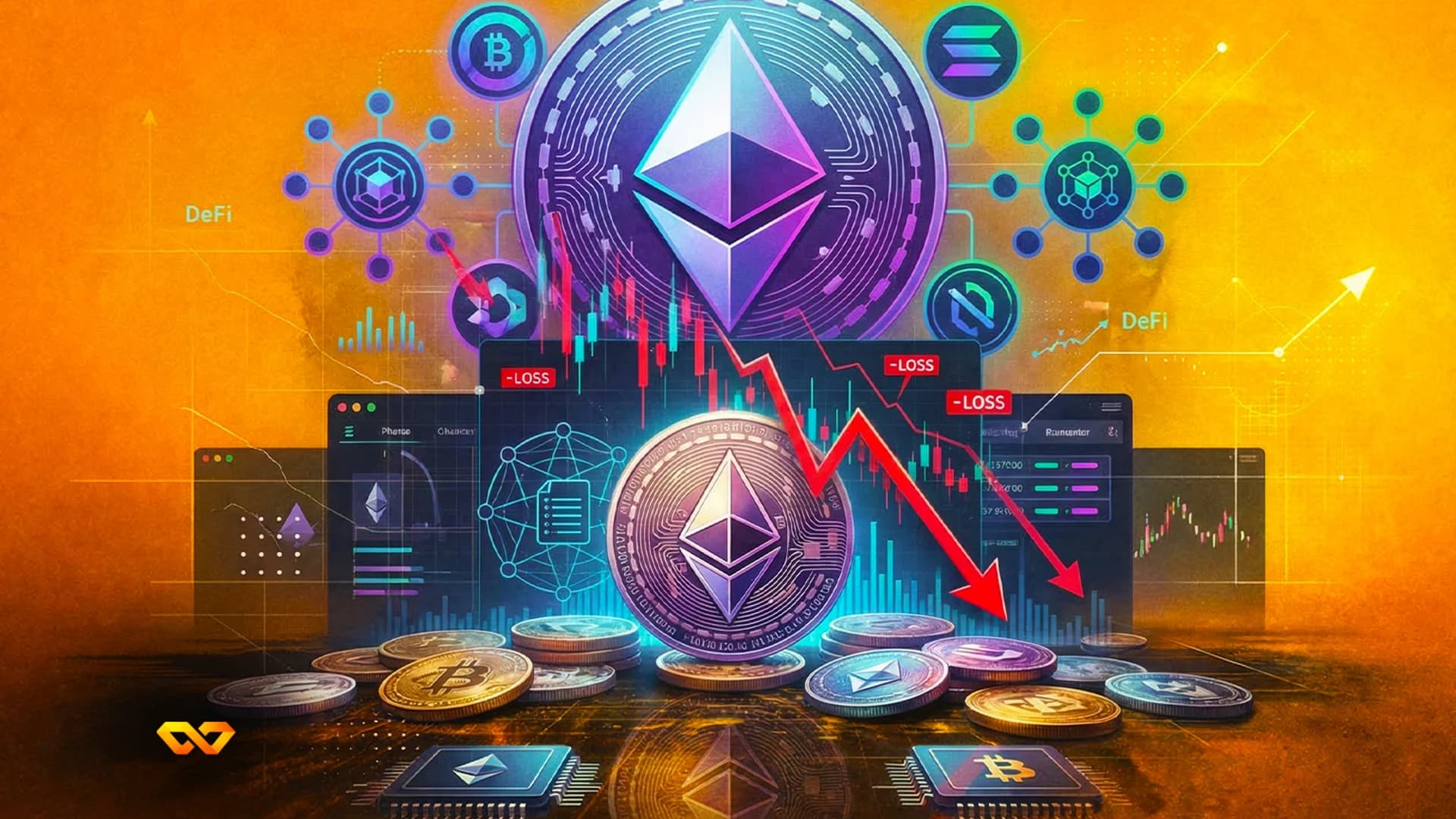Bitcoin and Ethereum coins on a trading screen with crypto price charts