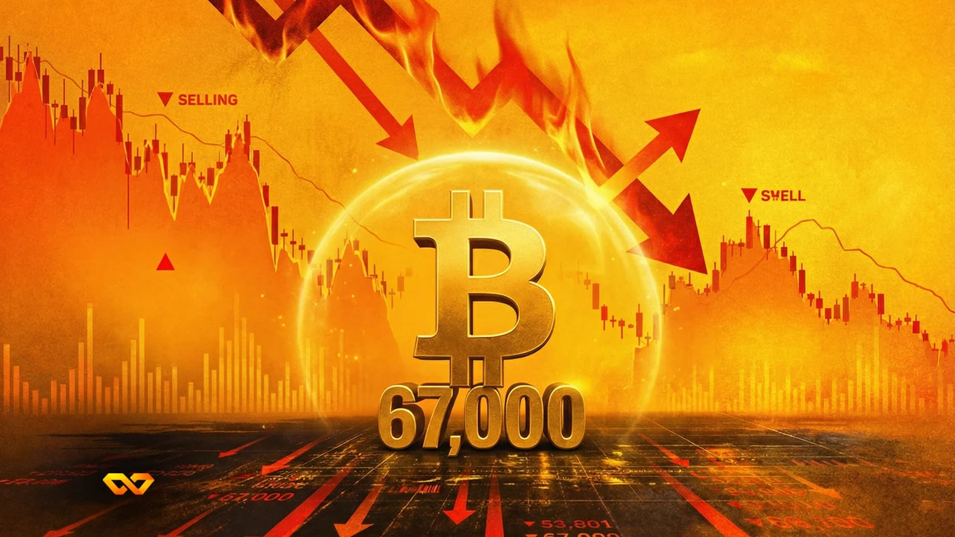 رمز البيتكوين الذهبي والرقم '67,000' على كرة متوهجة، محاطة برسوم بيانية مالية برتقالية وحمراء، أسهم هابطة، ولهيب.