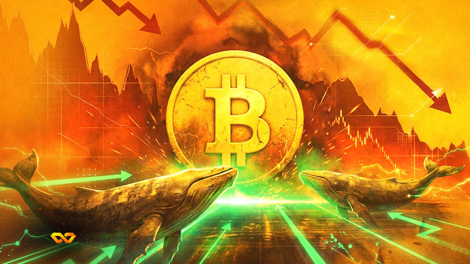 رمز بيتكوين ذهبي أمام شاشة تعرض مخطط أسعار العملات المشفرة