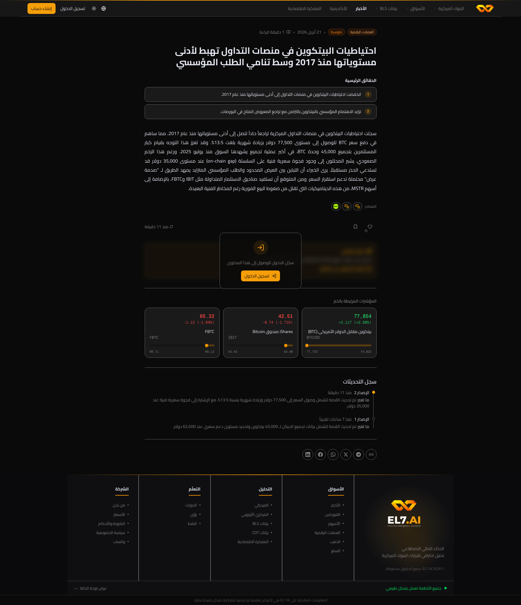 صفحة تفاصيل خبر حقيقي — البيتكوين واحتياطيات المنصات. الحقائق الأساسية، الملخص، التحليل المحجوز، الأدوات، المصادر.
